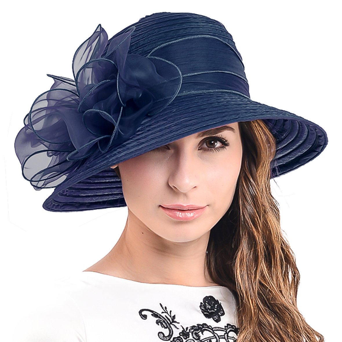 Ascot Kentucky Church Derby Bowler Cloche Hat Bowknot Organza Bridal Dress Cap S051 (Navy)