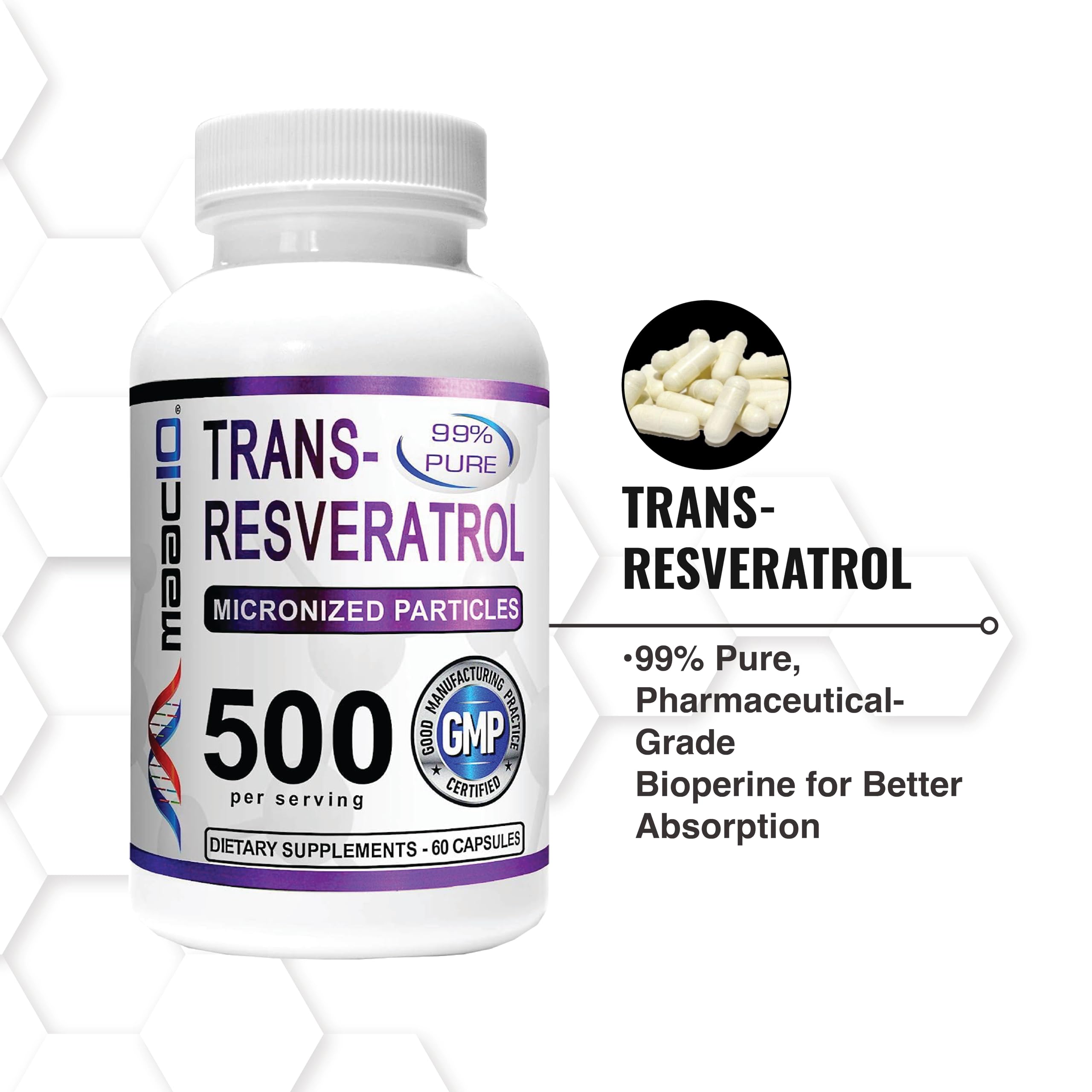 MAAC10 Trans Resveratrol 500mg Supplement (Micronized Pharmaceutical Grade 99% Pure Trans-Resveratrol Extract + BioPerine for Superior Absorption) (2X 250mg Capsules 60ct)