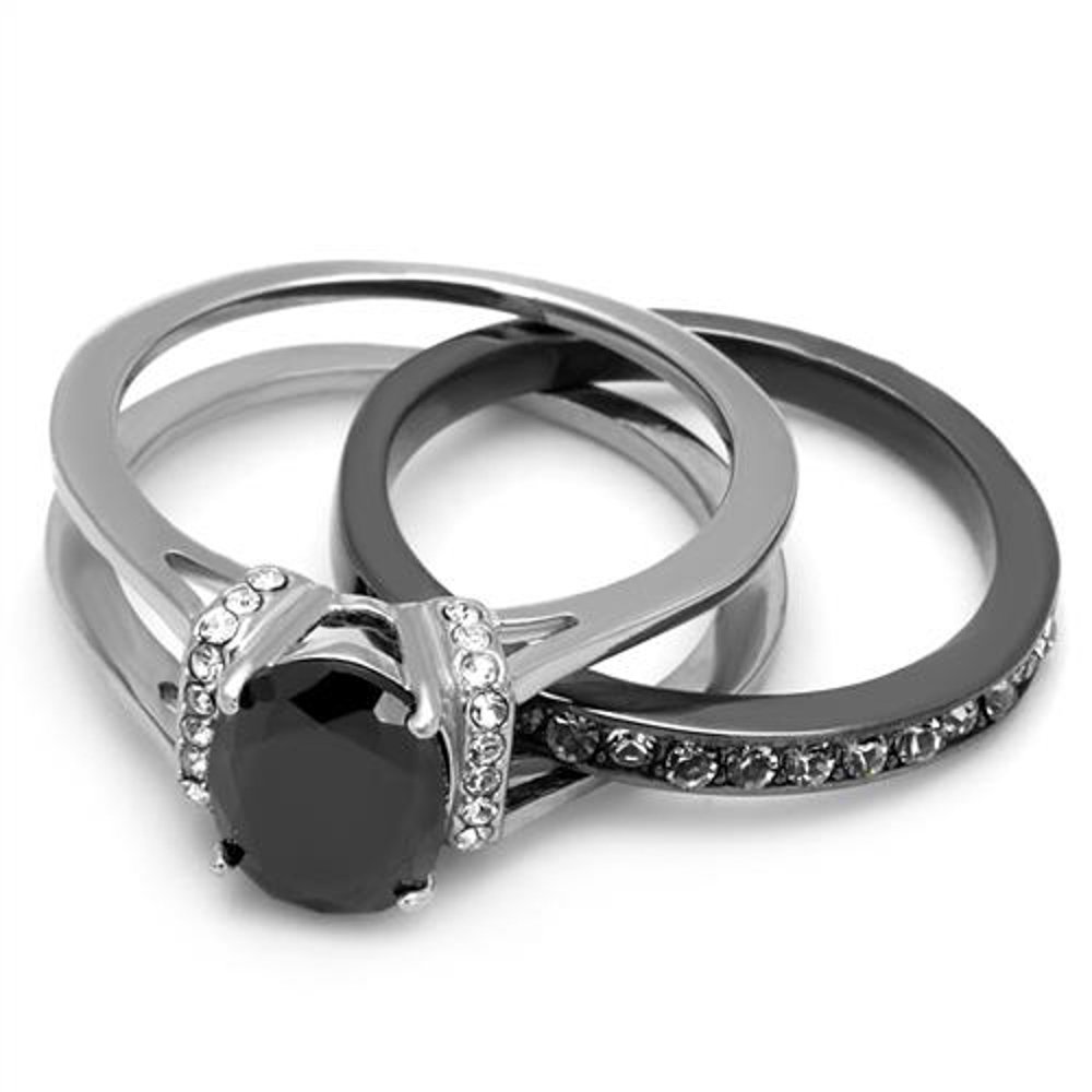 Marimor Jewelry 2.12 Carat Oval Cut Black Cubic Zirconia Two Toned Ion Plated Stainless Steel Wedding Ring Set Size 7