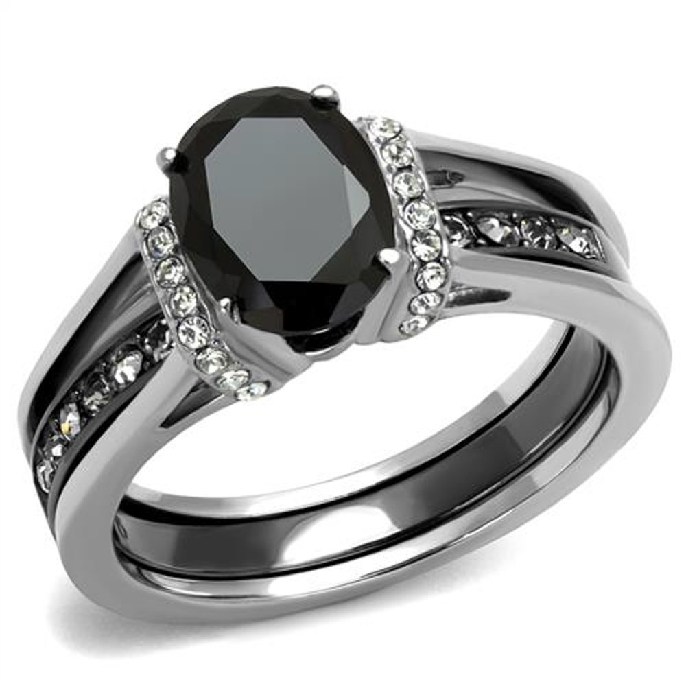 Marimor Jewelry 2.12 Carat Oval Cut Black Cubic Zirconia Two Toned Ion Plated Stainless Steel Wedding Ring Set Size 7