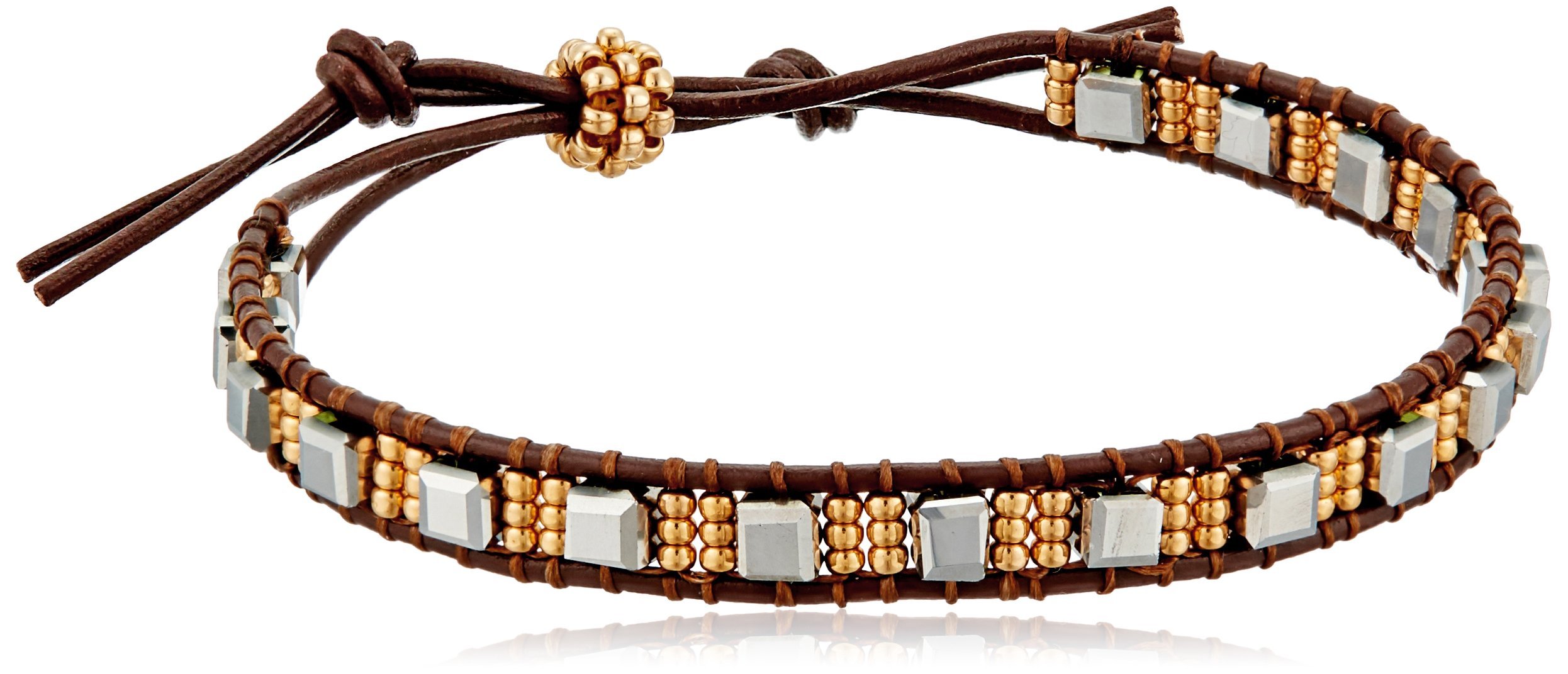 Miguel Ases Pyrite Cube and Miyuki Mixed Metal Single Row Brown Leather Slip Knot Bracelet