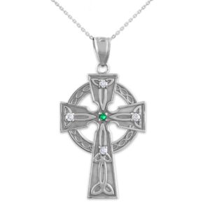 sideways crosses 925 sterling silver celtic trinity diamond cross pendant necklace with emerald, 18"