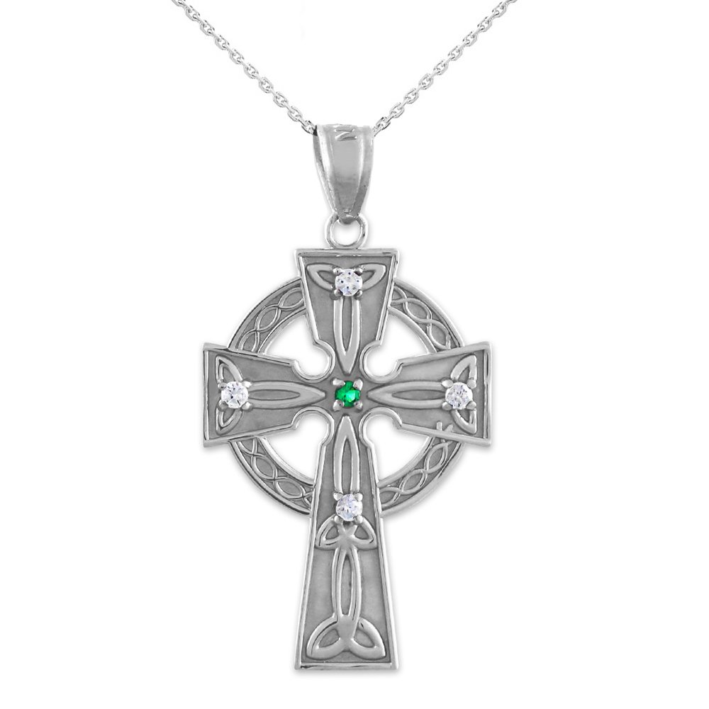 Sideways Crosses 925 Sterling Silver Celtic Trinity Diamond Cross Pendant Necklace with Emerald, 18"