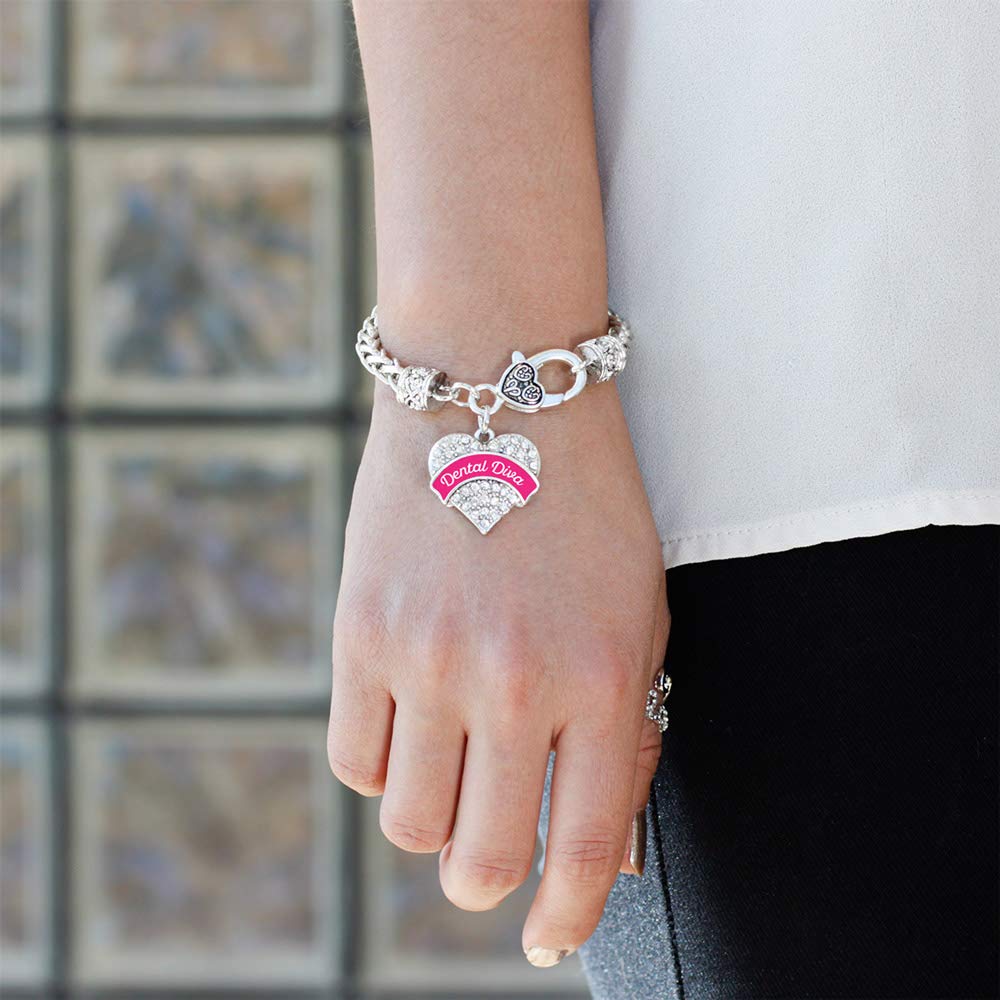 Inspired Silver - Fuchsia Dental Diva Braided Bracelet for Women - Silver Pave Heart Charm Bracelet with Cubic Zirconia Jewelry