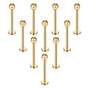 Ruifan 10PCS 16G Gold Plated 316L Stainless Steel 3mm Ball Labret Monroe Lip Ring Tragus Helix Cartilage Earring Stud Barbell 12mm Bar Length Body Piercing Jewelry