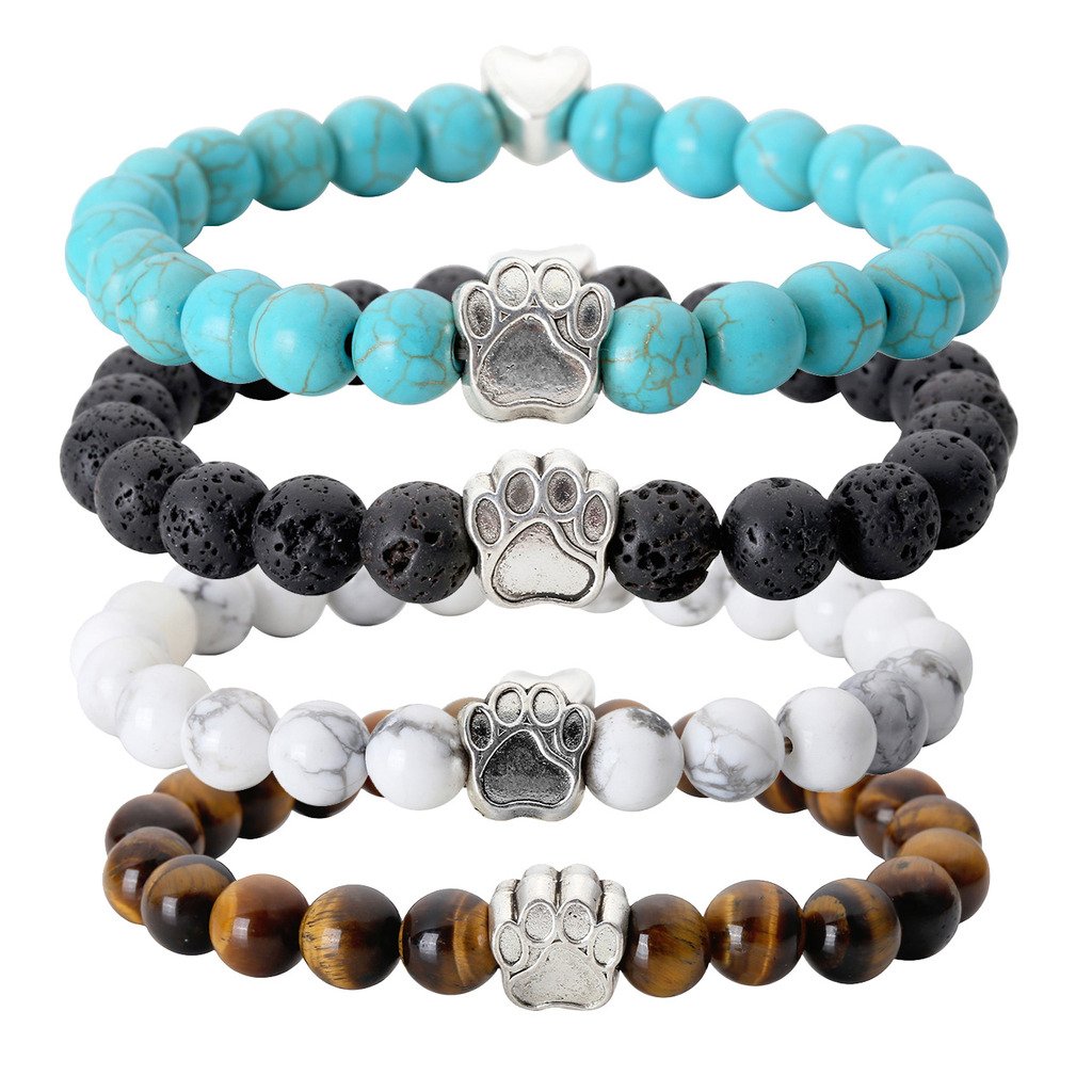 Jovivi 4pc Vintage Lava/Turquoise/Tiger Eye Stone Healing Power Crystal Dog Paw Charm Elastic Stretch Beaded Bracelets