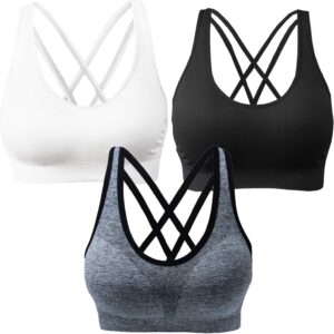 AKAMC Women's Medium Support Cross Back Wirefree Removable Cups Yoga Sport Bras, Pack of 3, Black/White/Grey,Large