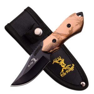 elk ridge - outdoors fixed blade knife - 6-in overall, 3-in black stainless steel blade, camo coated wood handle, 1680d nylon sheath - hunting, camping, survival - er-562bc