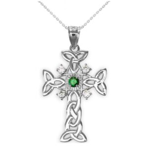 silver trinity knot diamond celtic cross pendant necklace with genuine emerald, 22"