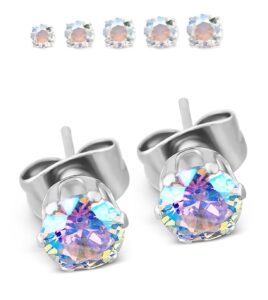 5 pairs of surgical stainless steel aurora borealis crystal cz stud earrings 3,4,5,6, & 7mm