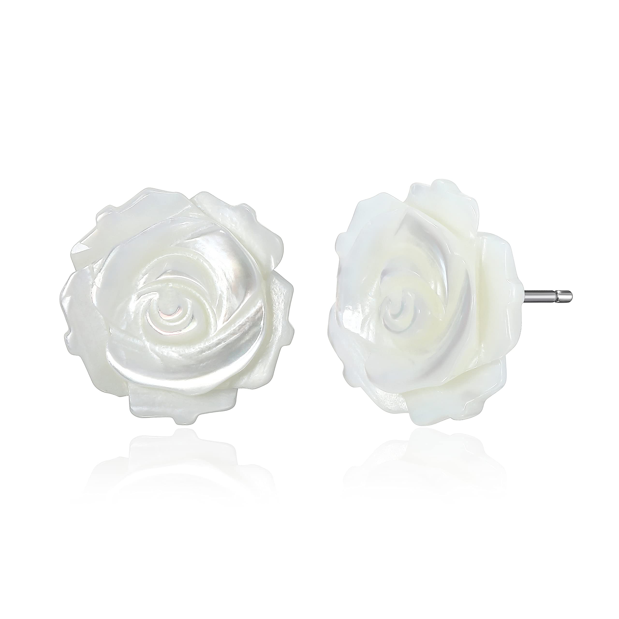 MORGAN & PAIGE Carved Mother of Pearl Rose Earrings, Handcrafted Rose Stud Earrings, Rhodium Plated Sterling Silver Mother of Pearl Earrings, Jewelry Gifts for Women