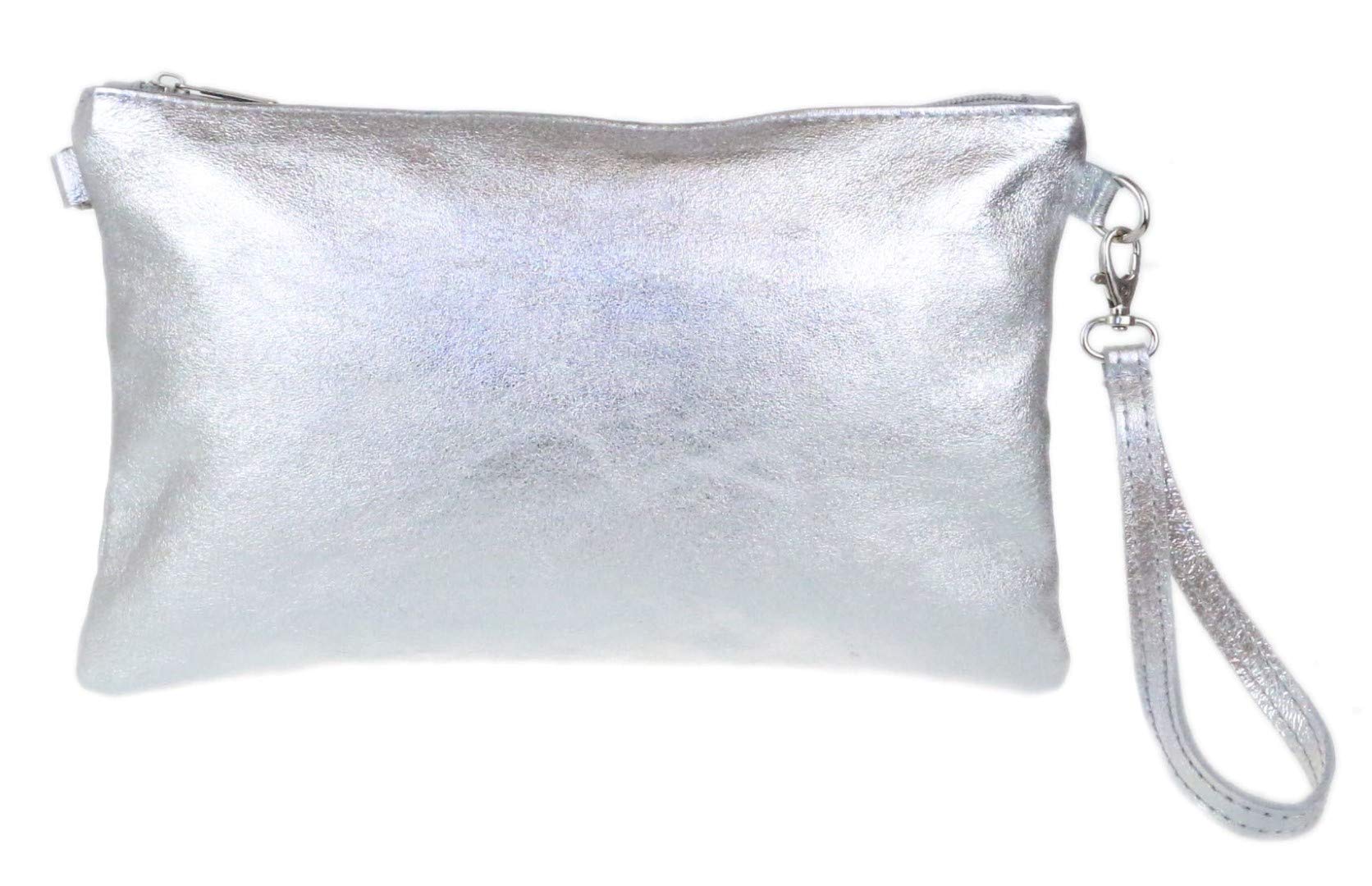 Girly HandBags Womens Genuine Italian Metallic Leather Clutch Bag Silver