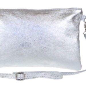 Girly HandBags Womens Genuine Italian Metallic Leather Clutch Bag Silver