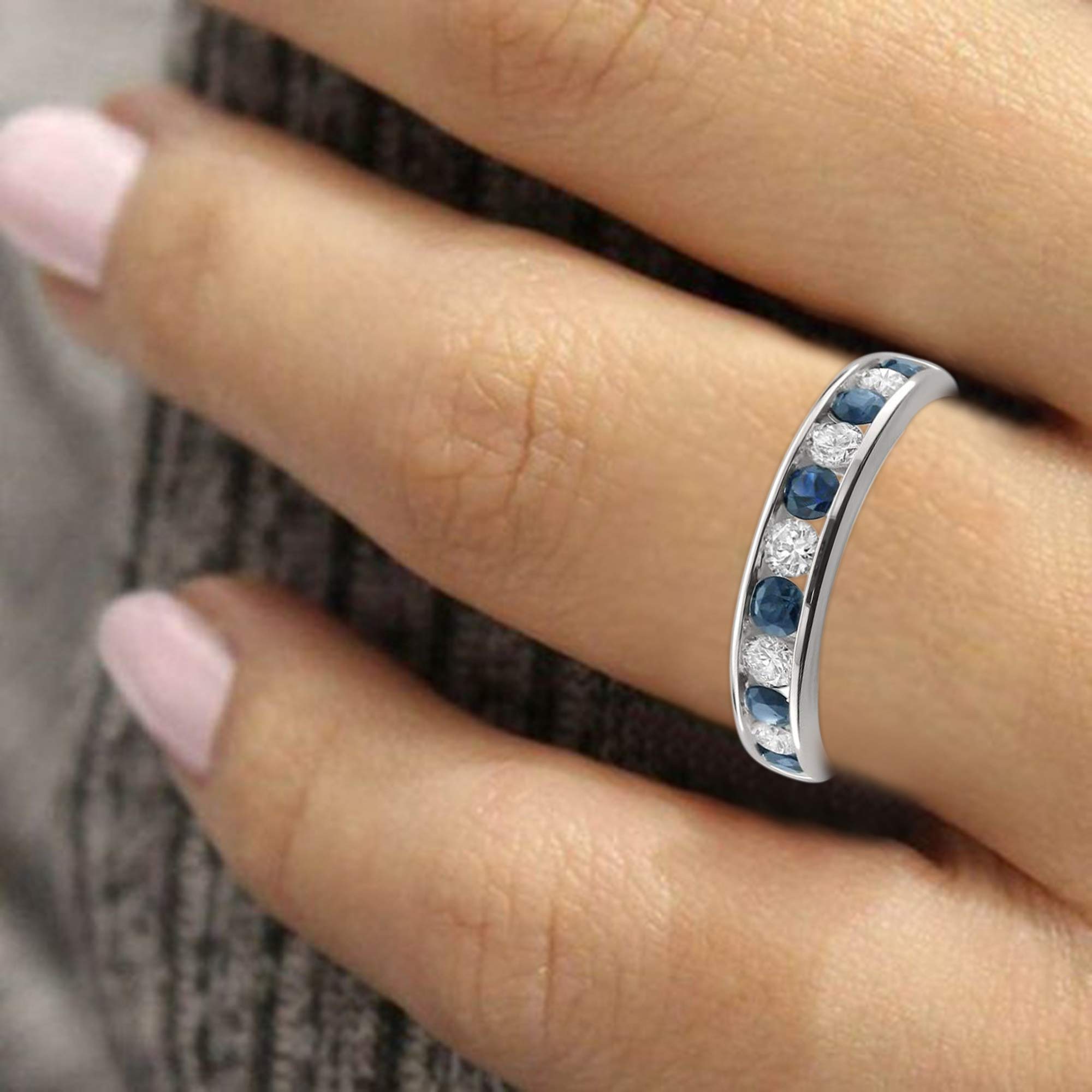 Beyond Brilliance 14K White Gold Round Diamond & Blue Sapphire Wedding Band Ring (1 cttw, I-J, I1-I2), Size 5.5 Size-5.5