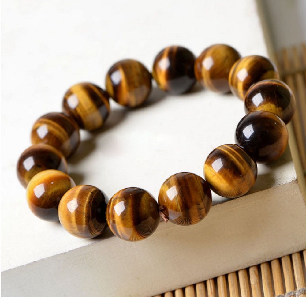 Om Shanti Crafts Tiger Stone Stretch Bracelet Tiger Beads Bracelet, Wear for Good Luck and Protection, 14mm Beads, Unisex (Fits 5"-7" Wrist) Yellow