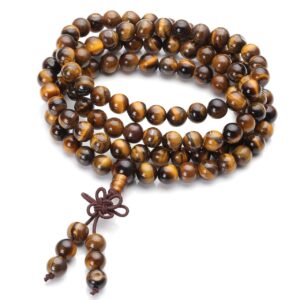 Jovivi Tibetan 8mm 108 Natural Tiger Eye Gemstone Beads Prayer Mala Bracelet Necklace