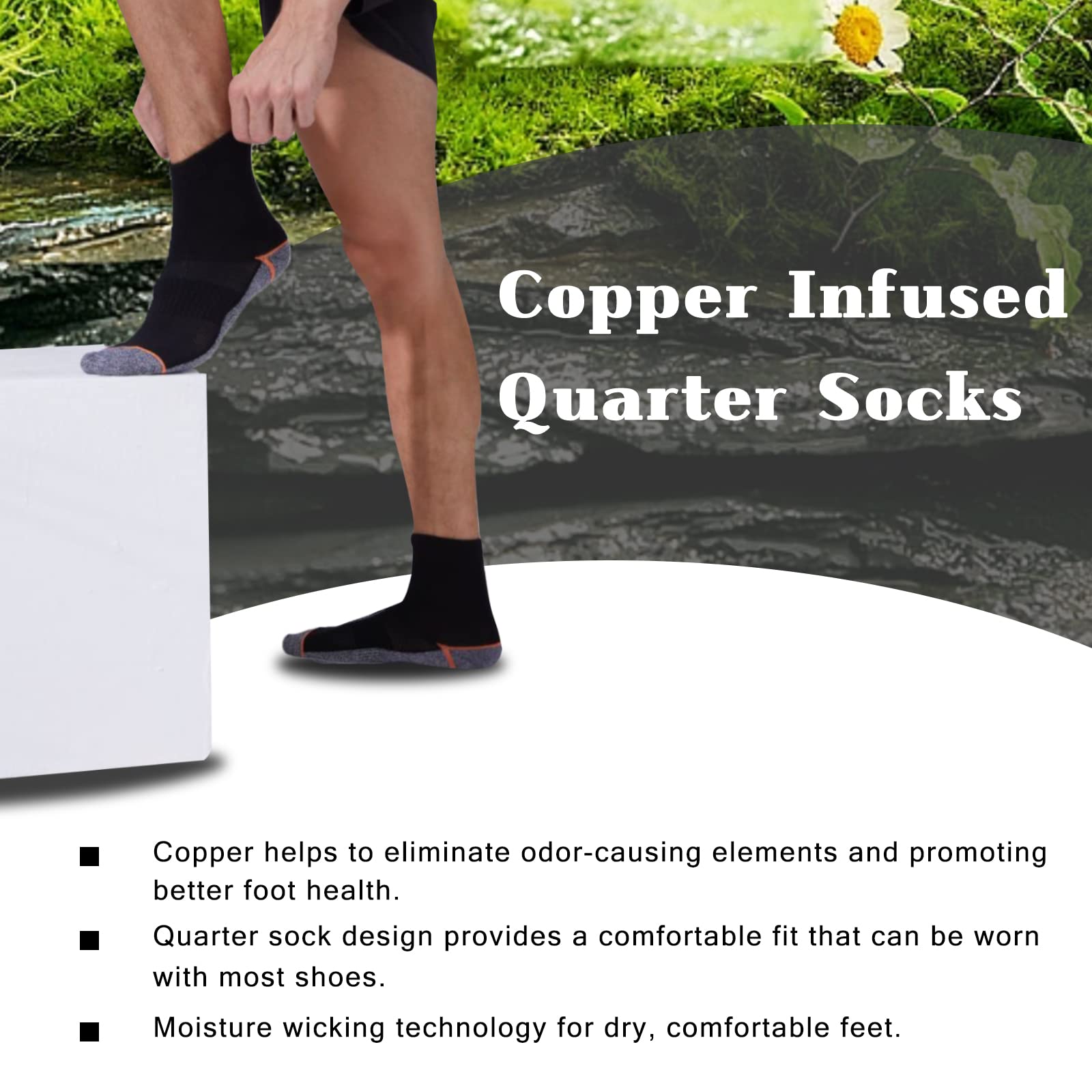 Copper Infused Quarter Socks Improve Foot Health Odor Control with Moisture Wicking Durable Comfortable Fit (5 Pairs)