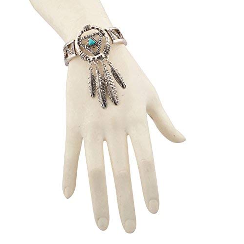 LUX ACCESSORIES Boho Stone Dream Catcher Navajo Leaf Bracelet (Burnished Silver)