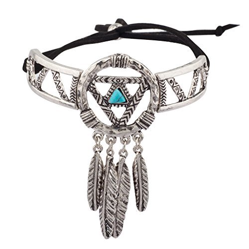 LUX ACCESSORIES Boho Stone Dream Catcher Navajo Leaf Bracelet (Burnished Silver)