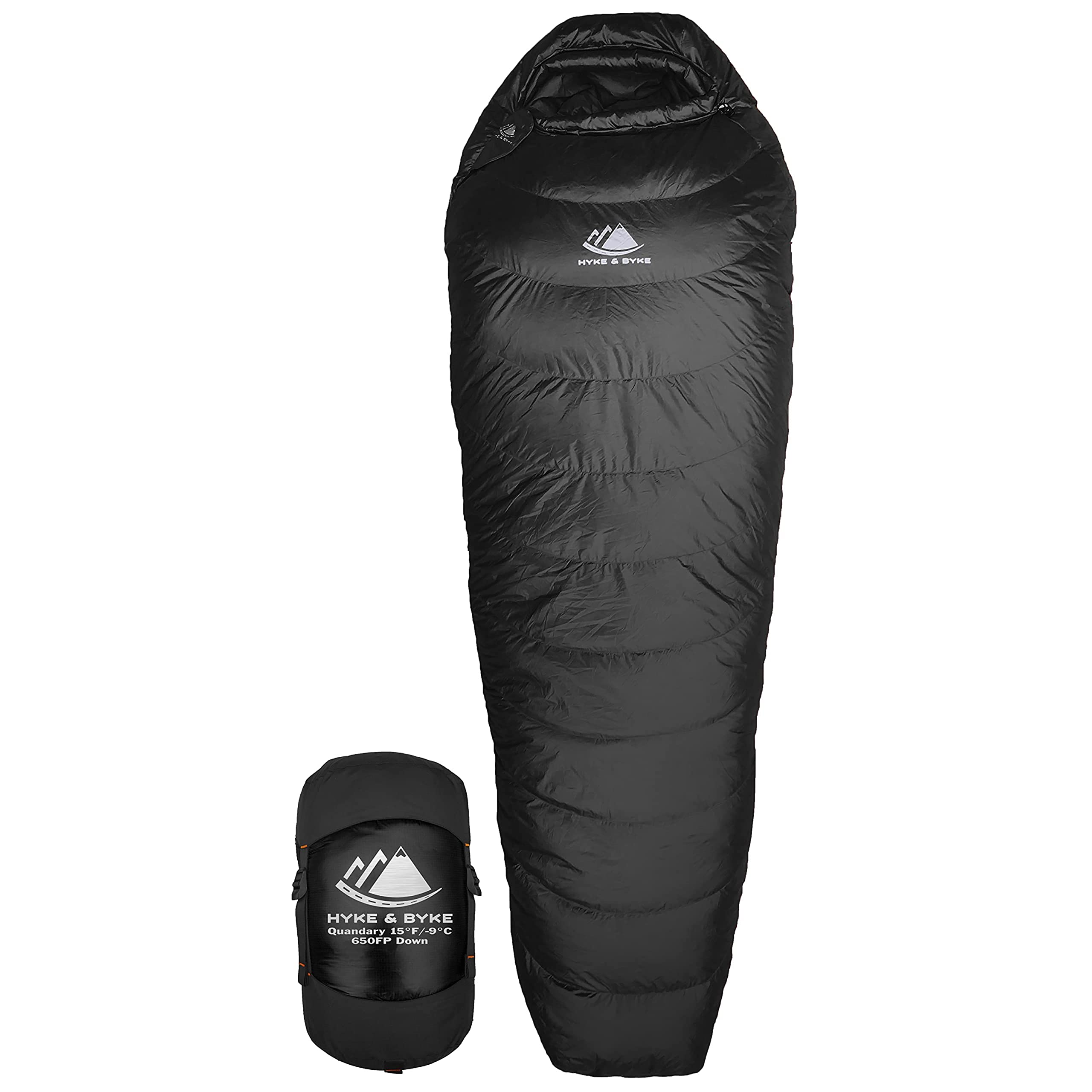 Hyke & Byke Quandary 15°F Cold Weather Mummy Hiking & Backpacking Sleeping Bag - Duck Down 650 FP 3 Season Sleeping Bags for Adults - Ultralight with Compression Stuff Sack (Black, Long)