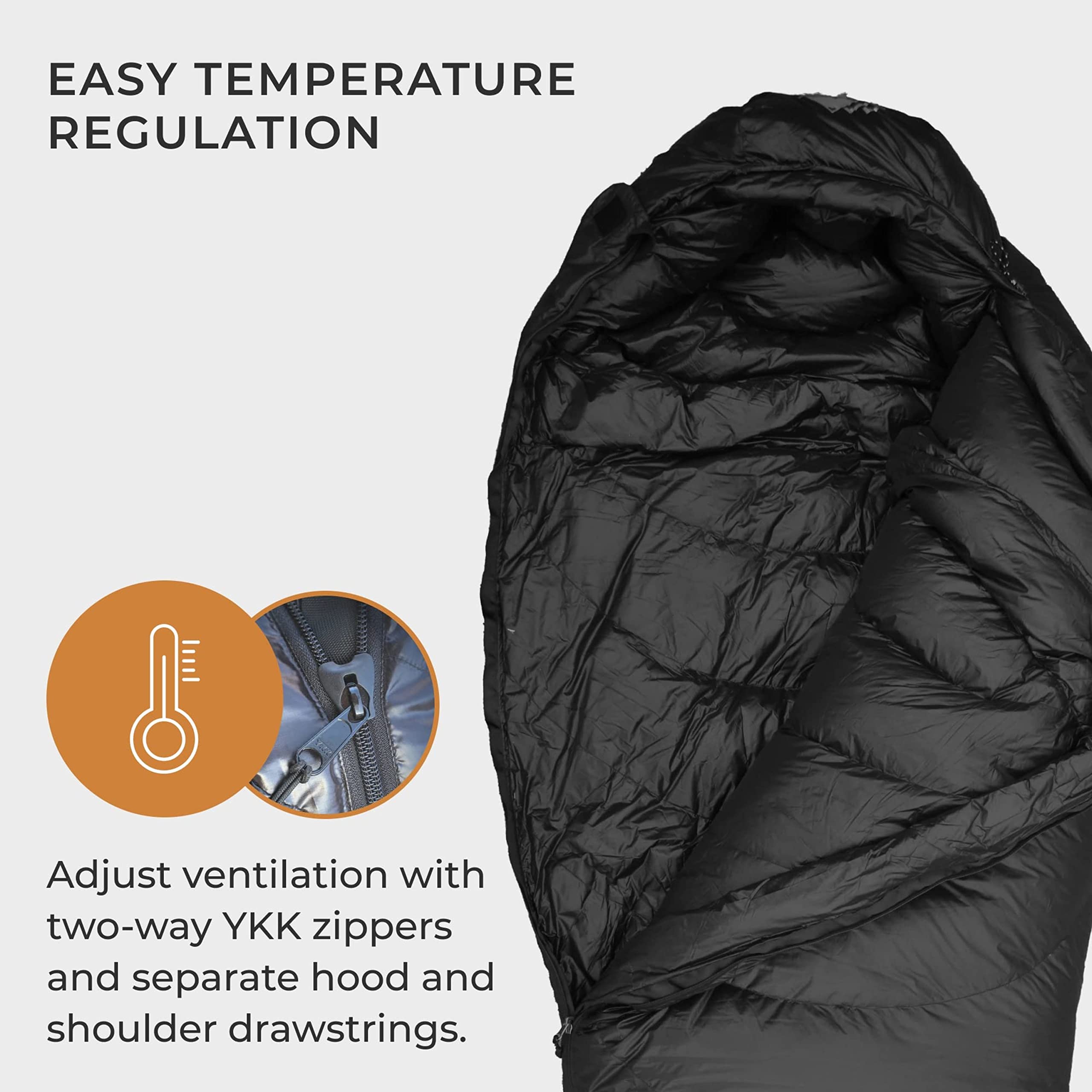 Hyke & Byke Quandary 15°F Cold Weather Mummy Hiking & Backpacking Sleeping Bag - Duck Down 650 FP 3 Season Sleeping Bags for Adults - Ultralight with Compression Stuff Sack (Black, Long)