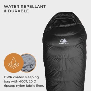 Hyke & Byke Quandary 15°F Cold Weather Mummy Hiking & Backpacking Sleeping Bag - Duck Down 650 FP 3 Season Sleeping Bags for Adults - Ultralight with Compression Stuff Sack (Black, Long)