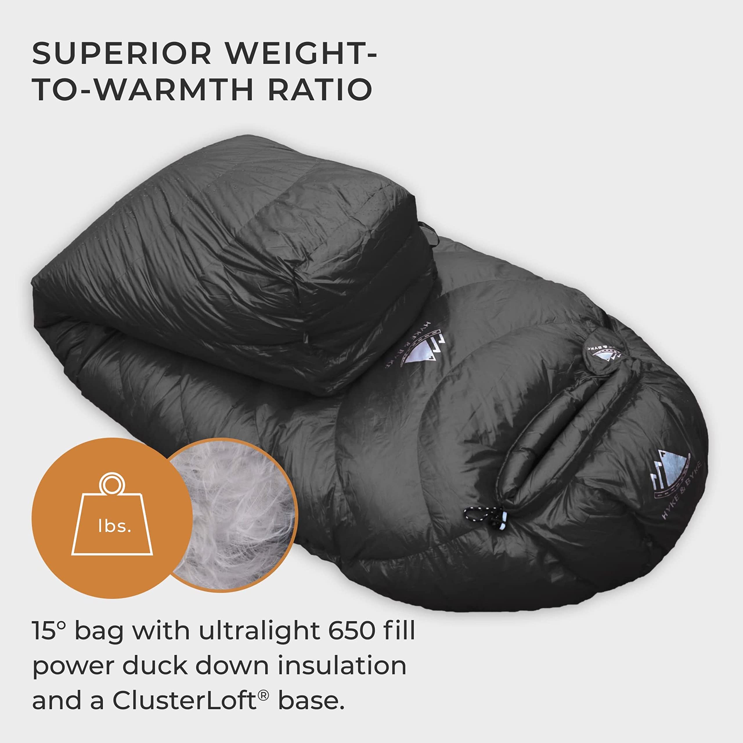 Hyke & Byke Quandary 15°F Cold Weather Mummy Hiking & Backpacking Sleeping Bag - Duck Down 650 FP 3 Season Sleeping Bags for Adults - Ultralight with Compression Stuff Sack (Black, Long)