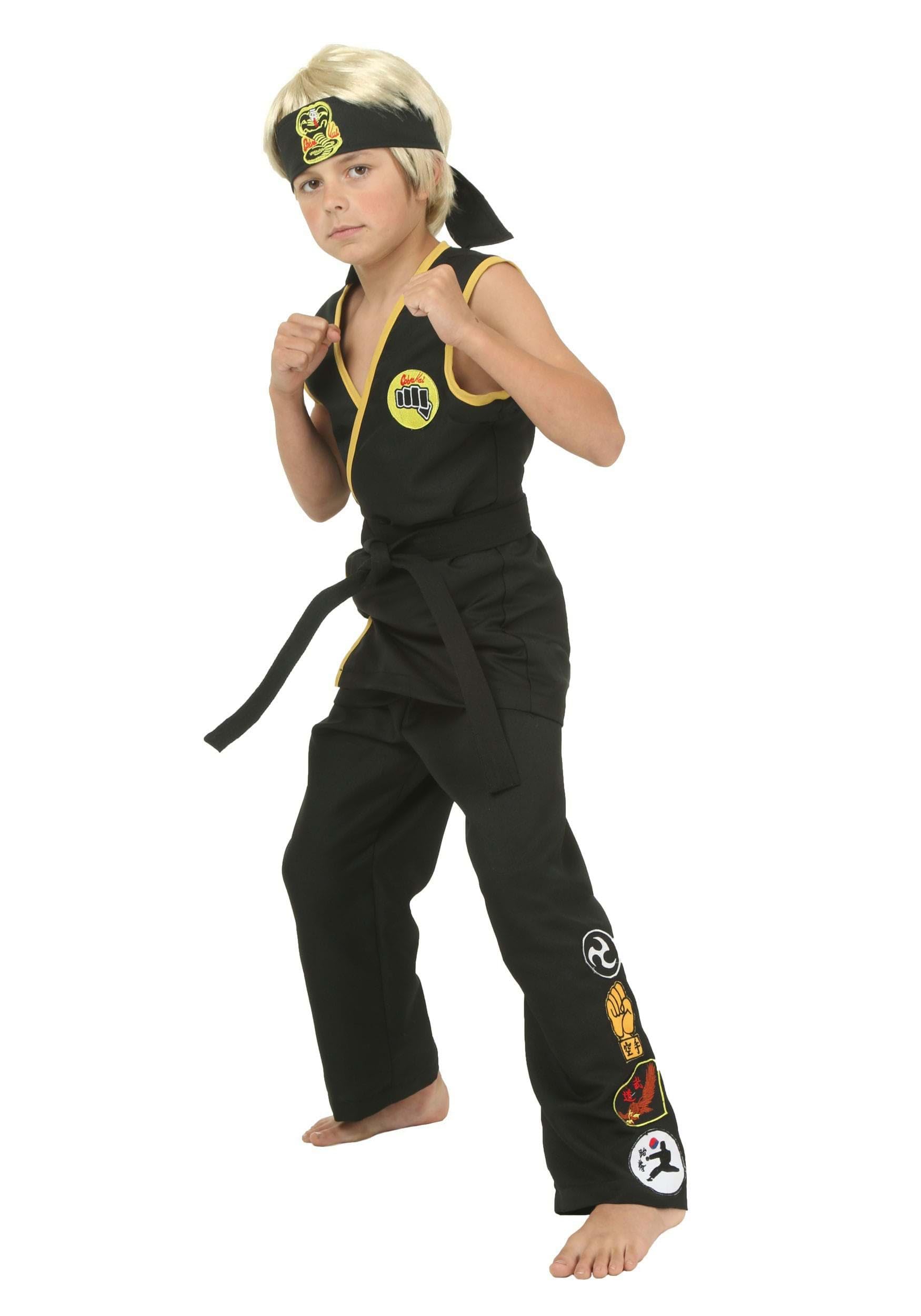 Kids Black Cobra Kai Costume Boys, Sleeveless Karate Gi Uniform Halloween Outfit X-Large