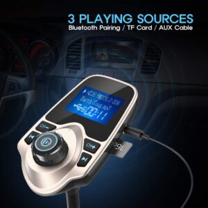 Nulaxy Bluetooth Car FM Transmitter Audio Adapter Receiver Wireless Handsfree Voltmeter Car Kit TF Card AUX 1.44 Display - KM18 Golden