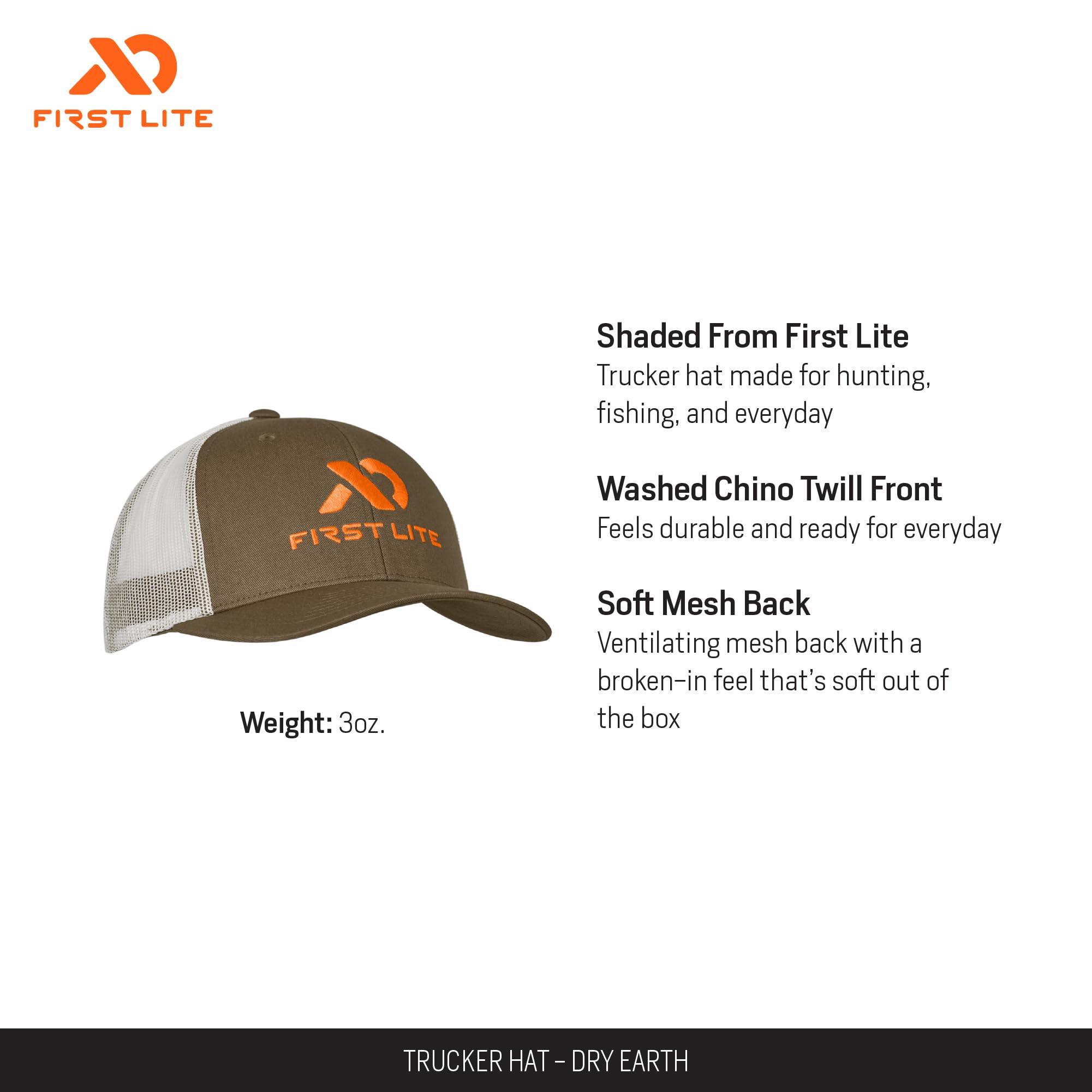 First Lite Trucker Hat - Lightweight Mesh Hunting Cap - Dry Earth - One Size