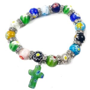 Nazareth Store Colorful Agate Stone Flower Beads Bracelet with Hanging Genuine Cross Spiritual Religious Gifts for Women and Men