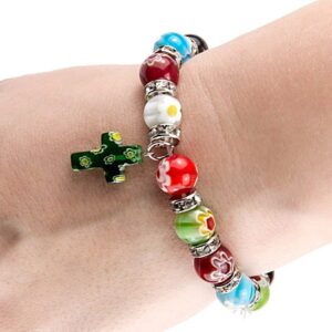 Nazareth Store Colorful Agate Stone Flower Beads Bracelet with Hanging Genuine Cross Spiritual Religious Gifts for Women and Men