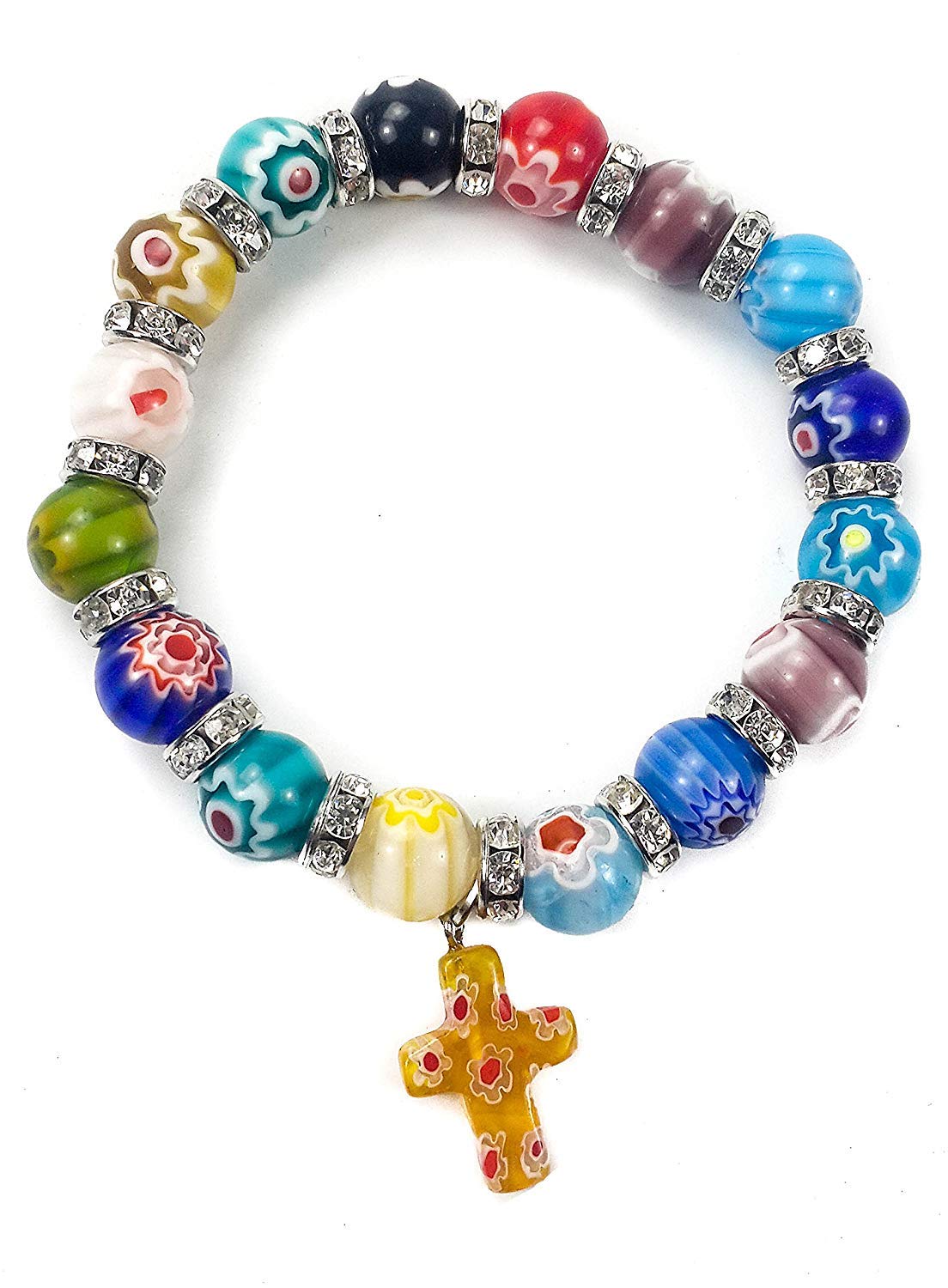 Nazareth Store Colorful Agate Stone Flower Beads Bracelet with Hanging Genuine Cross Spiritual Religious Gifts for Women and Men