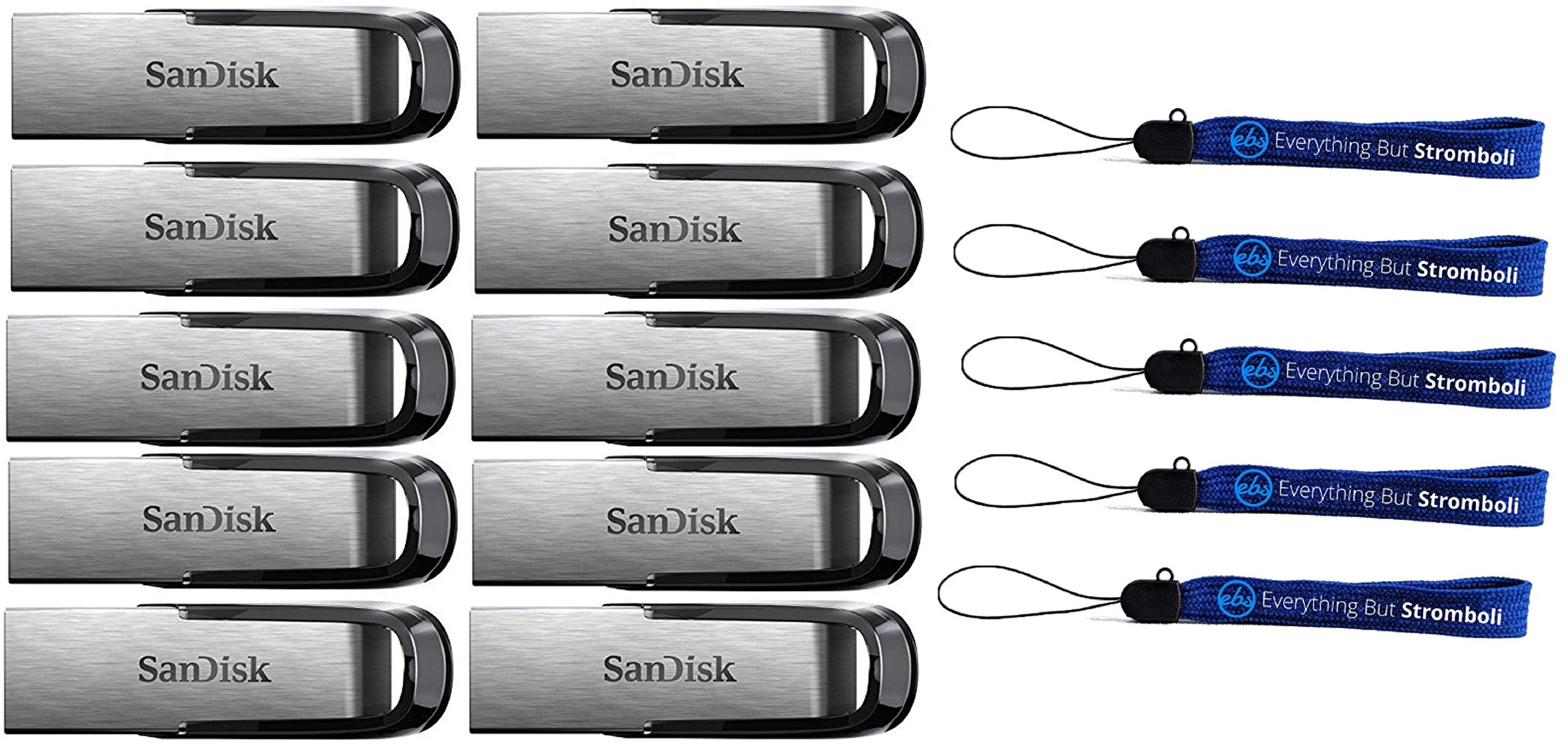 SanDisk Ultra Flair USB (10 Pack) 3.0 Flash Drive High Performance Jump Drive/Thumb Drive/Pen Drive up to 130MB/s - Bundle with (5) Everything But Stromboli Lanyard (16GB)