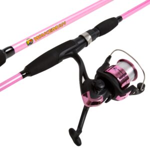 wakeman strike series spinning rod and reel combo - hot pink, 78 inches, reel width: 5.75 inches, reel height: 5 inches