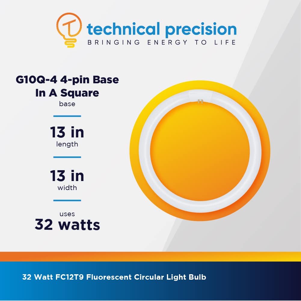 Technical Precision FC12T9 32W Circline Bulb Replacement for GE FC12T9/KB 12 Inch Fluorescent Circular Light Bulb with 4-Pin G10q-4 Base - 15000 Hours - 3000K Warm White - 1950 Lumens - CRI 52