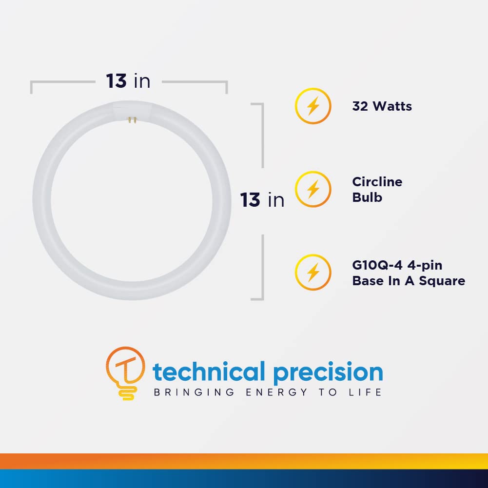 Technical Precision FC12T9 32W Circline Bulb Replacement for GE FC12T9/KB 12 Inch Fluorescent Circular Light Bulb with 4-Pin G10q-4 Base - 15000 Hours - 3000K Warm White - 1950 Lumens - CRI 52