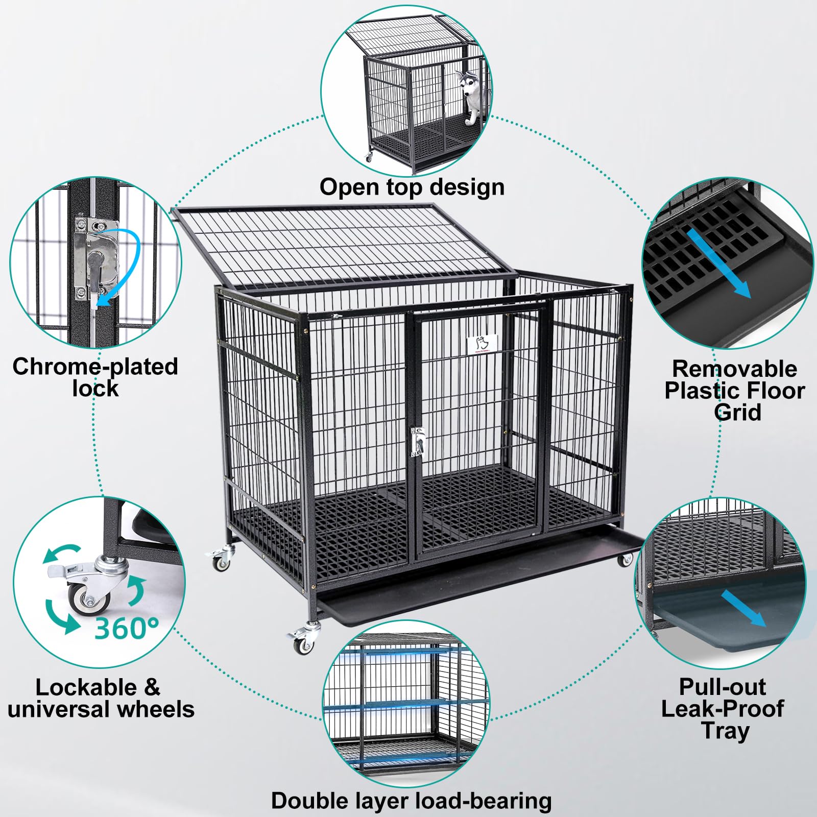 New 37" Homey Pet Stackable Open Top Heavy Duty Dog Pet Cage Kennel w/Tray, Floor Grid, and Casters (2 Tiers)