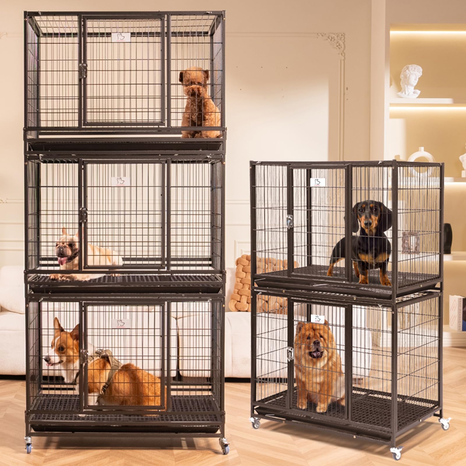 New 37" Homey Pet Stackable Open Top Heavy Duty Dog Pet Cage Kennel w/Tray, Floor Grid, and Casters (2 Tiers)