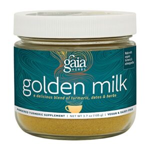 gaia herbs, golden milk powder, stress support, ashwaganda, black pepper, cardamom, date palm, turmeric, vanilla, vegan powder supplement, 3.7-ounce