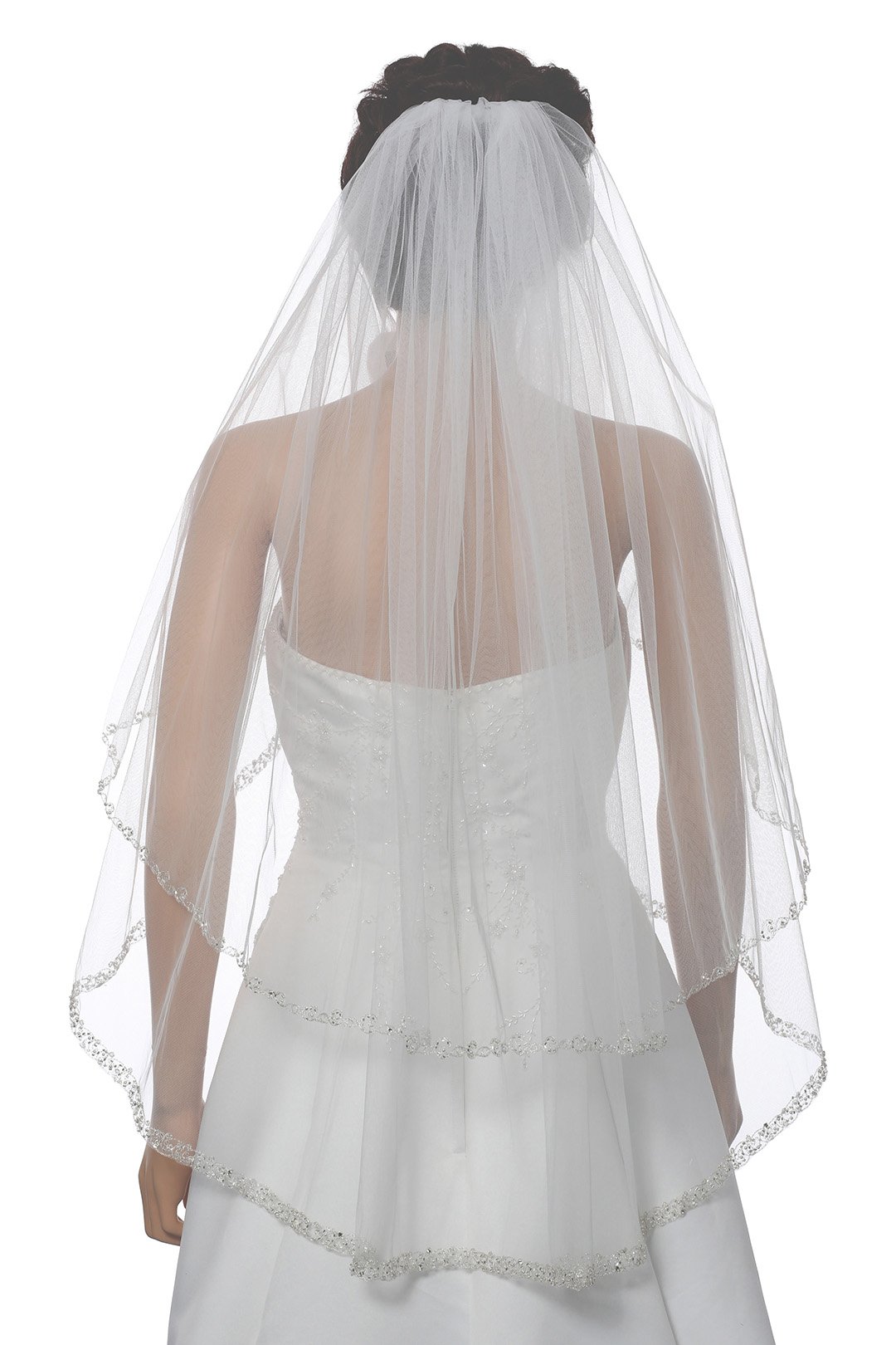 SAMKY 2T 2 Tier Dual Edge Embroided Pearl Crystal Beaded Veil - Light Ivory Fingertip Length 36" V453