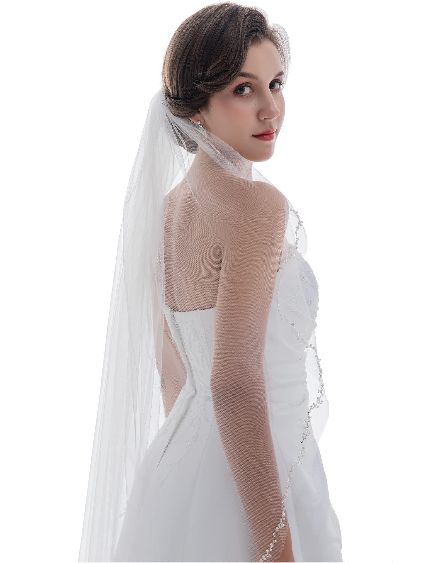 SAMKY 1T 1 Tier Offset Flower Vine Edge Crystal Pearl Veil - White Fingertip Length 36" V502