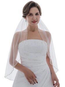 samky 1t 1 tier wavy pearl crystal beaded bridal wedding veil - light ivory elbow length 30" v505