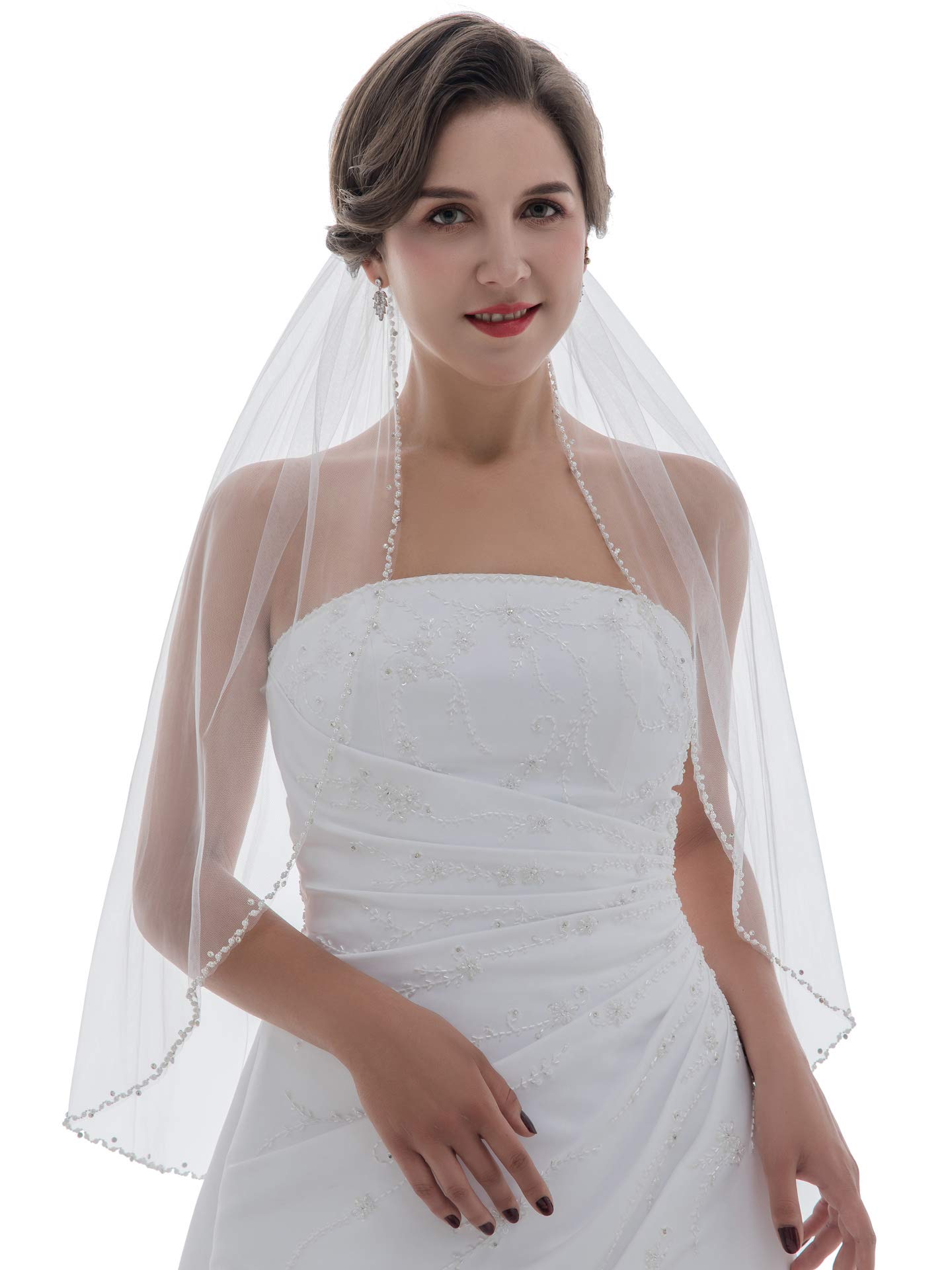 SAMKY 1T 1 Tier Wavy Pearl Crystal Beaded Bridal Wedding Veil - Light Ivory Elbow Length 30" V505