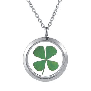 fm fm42 silver-tone dried leaves lucky 4-leaf clover round glass stainless steel locket pendant necklace fn3059