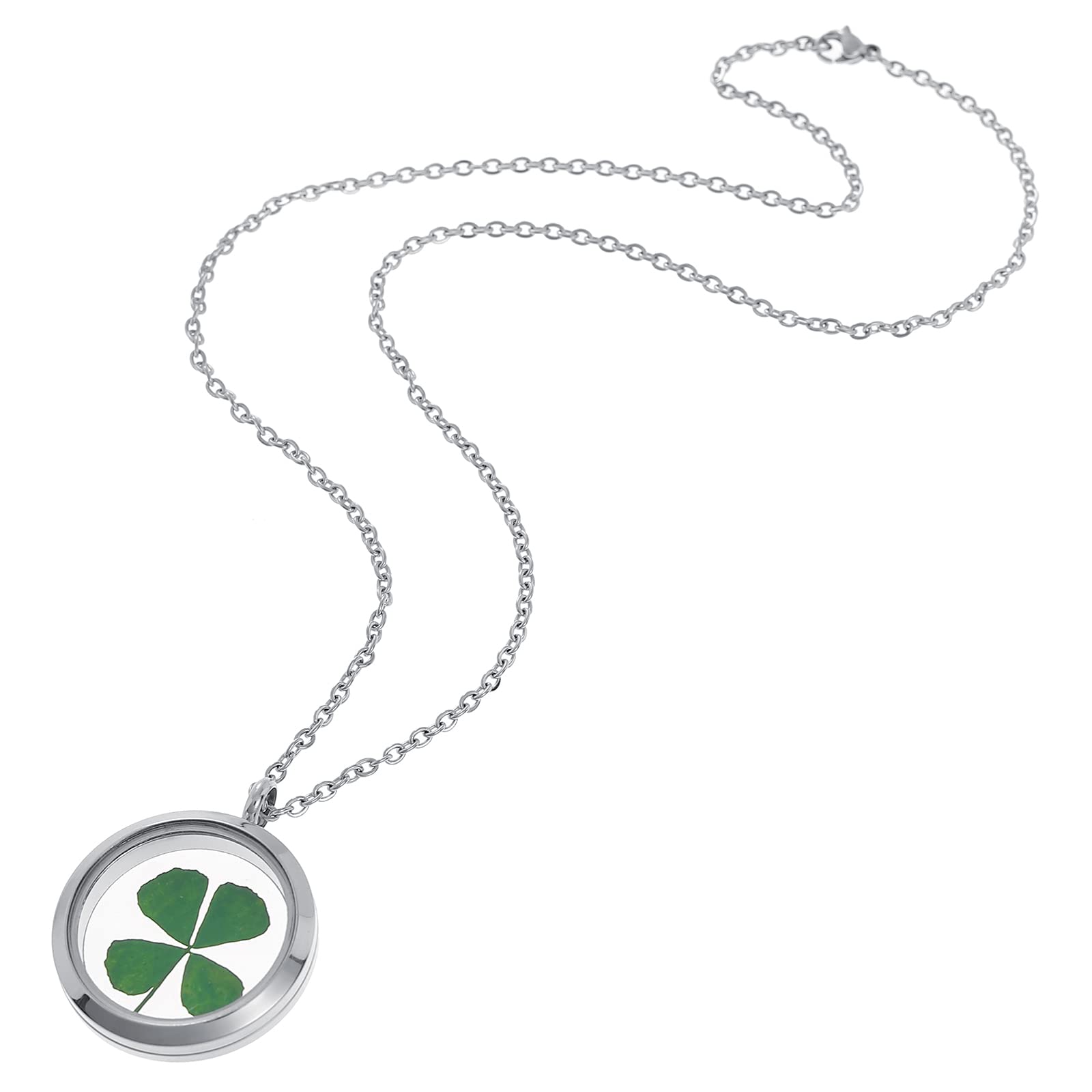 FM FM42 Silver-tone Dried Leaves Lucky 4-Leaf Clover Round Glass Stainless Steel Locket Pendant Necklace FN3059