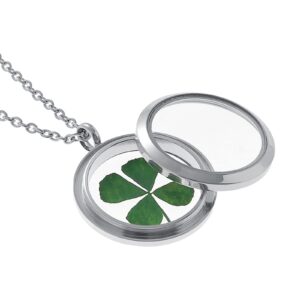 FM FM42 Silver-tone Dried Leaves Lucky 4-Leaf Clover Round Glass Stainless Steel Locket Pendant Necklace FN3059