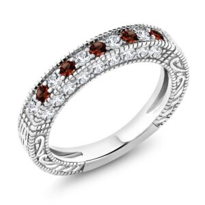 1.00 Ct Garnet and White Created Sapphire 925 Sterling Silver Ladies Anniversary Wedding Band Ring,Red and White, ring size 7