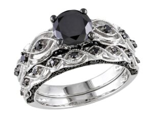 1.39 carat (ctw) black diamond engagement ring and wedding band set in 10k white gold