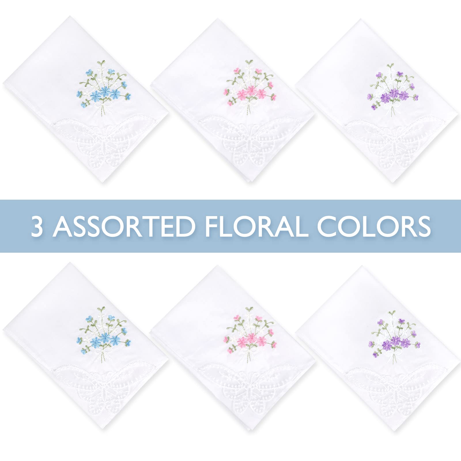 Selected Hanky Women's Cotton Handkerchiefs Flower Embroidered with Lace, Ladies Hankies 6 Pcs - Assorted